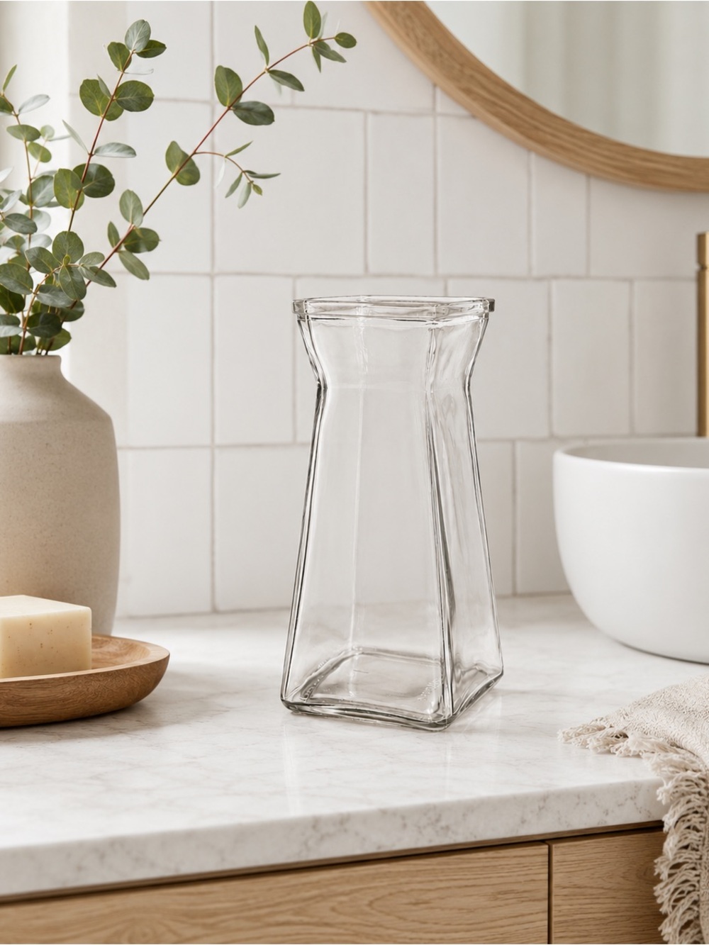 Clear Glass Square Vase – 8” Tall Modern Decorative Flower Vase